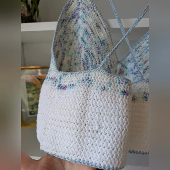 Handmade Crocheted Bralette Tank Top Cropped Blue White Speckle Sz Medium - Picture 6 of 10